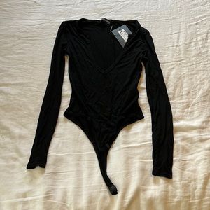 PrettyLittleThing Jersey V Neck Long Sleeve Thong Bodysuit, Black